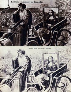 Repræsentation af Leonard de Vinci (Leonardo da Vinci) (1452-1519), der bringer hans værk "" The Mona Lisa"" (Mona Lisa, Monna Lisa) tilbage efter tyveriet af værket af Vincenzo Peruggia (1881-1925), som fandt sted den 21/08/1911. Komedie postkort af Anonymous Anonymous