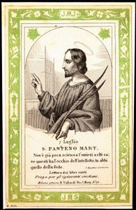 Repræsentation af Saint Panthene af Alexandria from billede. Postkort. Begyndelsen af det 20. århundrede. Privat samling af Anonymous Anonymous