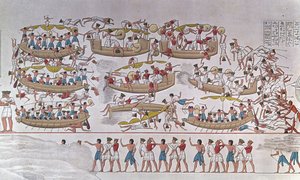 Repræsentation af slaget ved Nildeltaet mellem Ramses III
