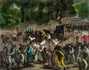 Den kongelige families tilbagevenden til Paris efter hans flugt til Varennes i 1791, gravering, privat samling af Anonymous Anonymous