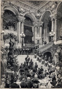 Russiske søfolk klatrer op ad den store trappe under en gallaaften i Opera Garnier i Paris. Indgravering i "" Le Petit Parisien"" den 29/10/1893. af Anonymous Anonymous