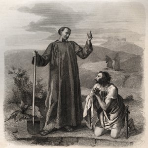 Sankt Benedikt af Nursia byder velkommen til Totila (6. århundrede) østgoternes konge. Indgravering fra 1846 i ""De helliges liv"". Privat samling. af Anonymous Anonymous