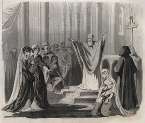 Saint Dunstan (ca. 909-988), eveque af Canterbury, benediktiner og reformator af klosterlivet i England, meddeler sin forestående død til folket. Indgravering fra 1846 i ""De helliges liv"". Privat samling. af Anonymous Anonymous