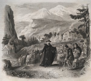 Saint Francois-de-Sales (Saint Francois de Sales) (1567-1622), eveque i Genève på et pastoralt besøg. Indgravering fra 1846 i ""De helliges liv"". Privat samling. af Anonymous Anonymous