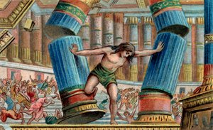 Samson bringer Dagons tempel ned - Kromolithografi - Privat samling af Anonymous Anonymous