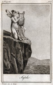 Sapho (eller Sappho, 7. århundrede f.Kr.), græsk digter af antikken. Stik fra 1819 i "Lettres a Emilie sur la mythologie" af Charles Albert Demoustier (1760-1801). Privat samling. af Anonymous Anonymous