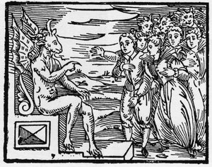 Satan kræver en pagt af de nye troldmænd - "Compendium Maleficarum", omhandler hekse, deres ondskab og deres sortileges af Francesco Maria Guazzo eller Guaccio eller Guaccius (15?? -16??) 1608 Private Collection af Anonymous Anonymous