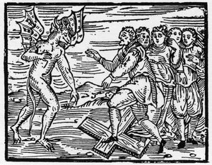 Satan tvinger sine fremtidige disciple til at gå på korset - "Compendium Maleficarum", omhandler heksene, deres ondskab og deres sortileges af Francesco Maria Guazzo eller Guaccio eller Guaccius (15?? -16??) 1608 Private Collection af Anonymous Anonymous
