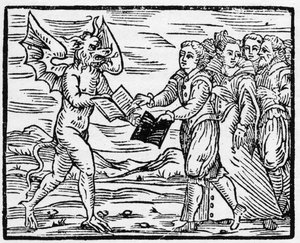 Satan præsenterer en sort bog til tilhængere i bytte for evangeliernes bog - "Compendium Maleficarum", omhandler hekse, deres ulykker og deres sortileges af Francesco Maria Guazzo eller Guaccio eller Guaccius (15?? -16??) 1608 privatsamling af Anonymous Anonymous