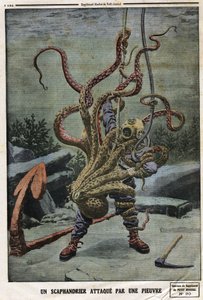 Scaphandler angrebet af en blæksprutte. Indgravering i "" Le petit Journal"", den 16/06/1912. Privat samling. af Anonymous Anonymous