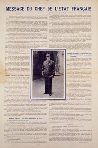 Anden Verdenskrig og Vichy-regimet: besked fra det franske statsoverhoved Philippe Petain offentliggjort efter våbenhvilen underskrevet af Frankrig i juni 1940 og præsenterer programmet for den nationale revolution, efteråret 1940. Privat samling af Anonymous Anonymous
