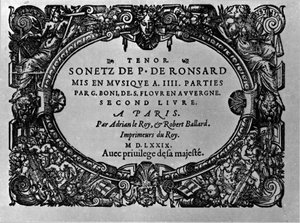 Andet bind af den franske digter Pierre de Ronsards sonetter (1524-1585) sat i musik af Guillaume Boni. Paris 1579 af Anonymous Anonymous