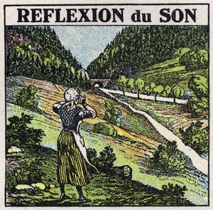 Lydenergi: refleksion af lyd ved ekkofænomen. Anonym illustration fra 1925. Privat samling. af Anonymous Anonymous