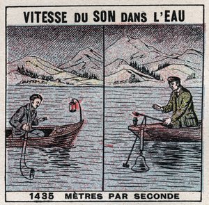 Lydenergi: lydens hastighed i vand. Erfaring fra 1826-1827 af Jean Daniel (Jean-Daniel) Colladon (1802-1893) og Charles Francois Sturm (1803-1855) ved Genevesøen (Leman-søen). To både fortøjet 14 km fra hinanden, en af bådene understøttede en klokke, en ha af Anonymous Anonymous