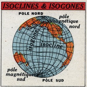 Terrestrisk magnetisme: Magnetisk kort, der viser isokliner og isogoner. Anonym illustration fra 1925. Privat samling. af Anonymous Anonymous