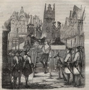 Chevalier Francois-Jean Lefebvre de La Barre (Francois Jean Lefebvre de LaBarre), der steg op til stilladset i 1766. Indgravering i "Historien om fængslerne fra deres skabelse til i dag"" (1877) af Pierre Zaccone (1817-1895) (Colonia Penale - Straffekoloni