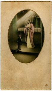Eukaristien, nadveren, alterets sakramente: et barn foran Jesus (gravering) af Anonymous Anonymous