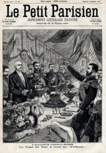 Den fransk-russiske alliance: skålen for zar Nicholas II (1868-1918) til ære for den franske præsident Felix Faure (1841-1899) ombord på Pothau. I "" Le Petit Parisien"" den 5/09/1897. Privat samling af Anonymous Anonymous