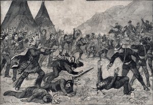Det indiske oprør i USA: en kamp mellem sioux-indianere og amerikanske tropper. Stik i "" Le petit Parisien"" fra 1891. Privat samling. af Anonymous Anonymous