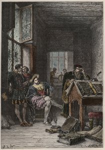Kongen af Frankrig Francois I (1494-1547), beskytter af kunst og bogstaver, besøger værkstederne hos trykkerierne Estienne (Robert Estienne), omkring 1540 (kongen af Frankrig Frans I besøger de kongelige typografers Estiennes værksteder af Anonymous Anonymous