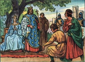 Kongen af ​​Frankrig Saint Louis (Louis IX 1214-1270) gør retfærdighed under egetræet i Bois de Vincennes. Anonym illustration i ""Samling af Frankrigs suveræner og statsoverhoveder"". 20. århundrede. Privat samling. af Anonymous Anonymous