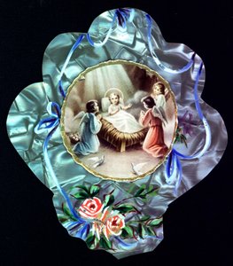Nativiten. Barnet Jesus omgiver engle Fromme billede. Dentelee postkort. Privat samling af Anonymous Anonymous