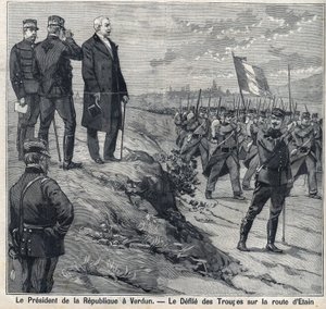Republikkens præsident Felix Faure (1841-1899) besøger Verdun (Meuse): besmittelsen af militærskolen på Etins vej. Gravering i "" Le Petro Parisien"" af Anonymous Anonymous