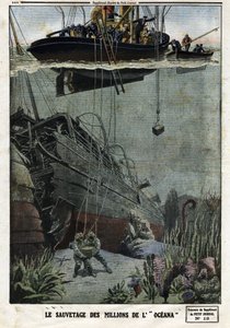 The Rescue of the Millions of the Oceana: Scaphandlers dykker ud for Eastbourne for at hente de 18 millioner metal, som det britiske linjeskib skulle transportere til Indien. Indgravering i "" Le Petite Journal"", den 19/05/1912. Privat samling. af Anonymous Anonymous