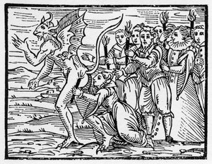 Det rituelle sabbatskys på djævelens balder - "Compendium Maleficarum", omhandler heksene, deres ulykker og deres sortileges af Francesco Maria Guazzo eller Guaccio eller Guaccius (15?? -16??) 1608 privatsamling