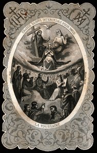 Jomfru Maria med den hellige treenighed (Gud, Jesus Kristus og Helligåndens due). Dentelee kort. 19. århundrede. Privat samling af Anonymous Anonymous