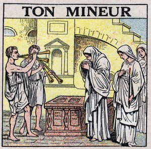 Kunsten at lyde: din minearbejder. Dobbeltfløjtespillere i en gade i oldtiden (under en begravelse?). Anonym illustration fra 1925. Privat samling. af Anonymous Anonymous