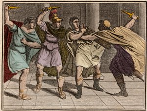 Mordet på den romerske kejser Julius Cæsar (Jules Cesar - Giulio Cesare eller Caius Julius Cæsar) den 15. marts 44 f.Kr. - Indgravering fra "" Ungdommens Rollin eller udvalgte stykker af antikke og romerske historier"" 1816 - Privat samling af Anonymous Anonymous