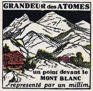 Atomet og videnskaben: atomernes størrelse. Et punkt foran Mont Blanc repræsenteret med en millimeter. Anonym illustration fra 1925. Privat samling. af Anonymous Anonymous