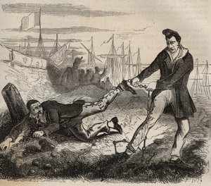 Forcatens største pine er at være miskammerat. Kamp mellem to fanger forbundet af samme kæde. Bagne de Rochefort i det 19. århundrede. Indgravering i "Historien om fængslerne fra deres skabelse til i dag"" (1877) af Pierre Zaccone (1817-1895) af Anonymous Anonymous