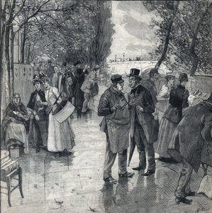 Bog-bog-vandringen på bredden af kajen i Paris. Indgravering i "" Le petit parisien"" den 30/10/1892. Privat samling af Anonymous Anonymous