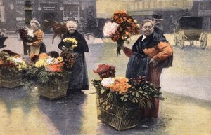 Krysantemfesten: krysantemkøbmand på gaden. Gravering. En af avisen "" Le petit parisien"" den 20.11.1910. Privat samling. af Anonymous Anonymous
