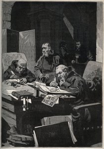 Krysografen: kopierede munke, der udfører belysninger med guldbogstaver i middelalderen. Indgravering fra 1885 i "" Les arts et metiers illustres"" af Adolphe BITARD. af Anonymous Anonymous