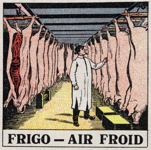 Den kolde industri: opbevaring af kød i køleskabe. Anonym illustration fra 1925. Privat samling. af Anonymous Anonymous