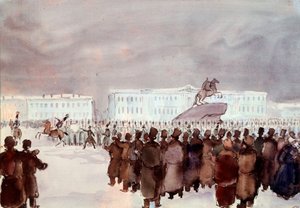 Folkemængden på Senatpladsen under Decembrist-oprøret i 1825. Decembrist- eller Decabrist-medlemmer af et hårdt undertrykt kupforsøg organiseret i Skt. Petersborg den 14. december 1825 for at få en forfatning fra den kommende zar for at modernisere regimet af Anonymous Anonymous