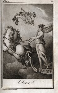 Daggry (Apollo leder solens vogn). Allegori om solopgang. Stik fra 1819 i "Lettres a Emilie sur la mythologie" af Charles Albert Demoustier (1760-1801). Privat samling. af Anonymous Anonymous