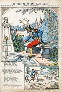 Hjortene ser sig selv i vandet. Anonym illustration til Les Fables af Jean de LA FONTAINE (Lafontaine) (1621-1695). Billeddannelse af Pont-a-Mousson, ca. 1880. Privat samling. af Anonymous Anonymous