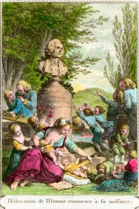 Uddannelsen af mennesket begynder ved dets fødsel: mødre med deres børn, sammen med en buste til hyldest til den schweiziske filosof Jean Jacques Rousseau (1712-1778). Indgravering af privatsamlingen fra det 18. århundrede af Anonymous Anonymous