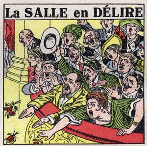 Musikkens virkning: tilskuere af et teater udtrykker deres glæde med råb, klapsalver og blomstrende blomster. Anonym illustration fra 1925. Privat samling. af Anonymous Anonymous