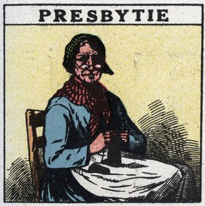 Øjet: person, der lider af presbyopi. Anonym illustration fra 1925. Privat samling. af Anonymous Anonymous