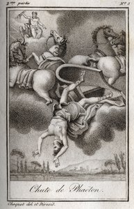 Faldet af Phaeton Phaeton (Phaethon), ude af stand til at kontrollere Helios-tanken, blev ramt af Zeus og faldt i Eridan-floden. Stik fra 1819 i "Lettres a Emilie sur la mythologie" af Charles Albert Demoustier (1760-1801). Privat samling. af Anonymous Anonymous