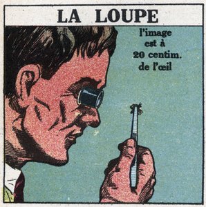 De første optiske instrumenter: forstørrelsesglasset. Anonym illustration fra 1925. Privat samling. af Anonymous Anonymous