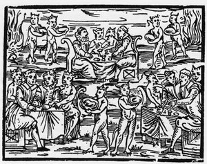 Heksenes måltid på sabbatten - "Compendium Maleficarum", omhandler heksene, deres ondskab og deres sortileges af Francesco Maria Guazzo eller Guaccio eller Guaccius (15?? -16??) 1608 Private Collection af Anonymous Anonymous