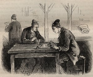 Den offentlige skribent på Toulon Bagne i det 19. århundrede. Indgravering i "Fangernes historie fra deres skabelse til i dag"" (1877) af Pierre Zaccone (1817-1895) (Colonia Penale - Straffekoloni). Privat samling. af Anonymous Anonymous