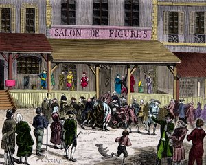 Salonen med voksfigner boulevard du temple i Paris i det 18. århundrede grundlagt af Curtius, gravering, privat samling af Anonymous Anonymous