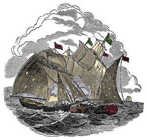 Piratens skib Henry Every (John Avery, Long Ben, Benjamin Bridgeman) (? -1695) angreb i september 1695 flåden af den store Mughal Aurangzeb Aurangzeb (Alamgir) ud for Surate, Indien Indgravering fra "The Pirates Own Book" af Charles Ellms af Anonymous Anonymous